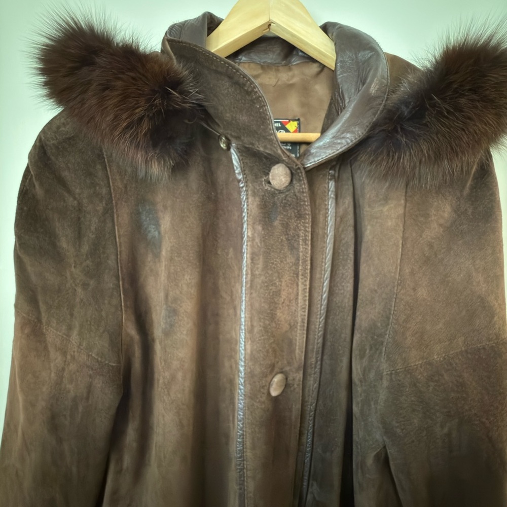Brown Genuine Suede with Fur-Trimmed Women's Coat